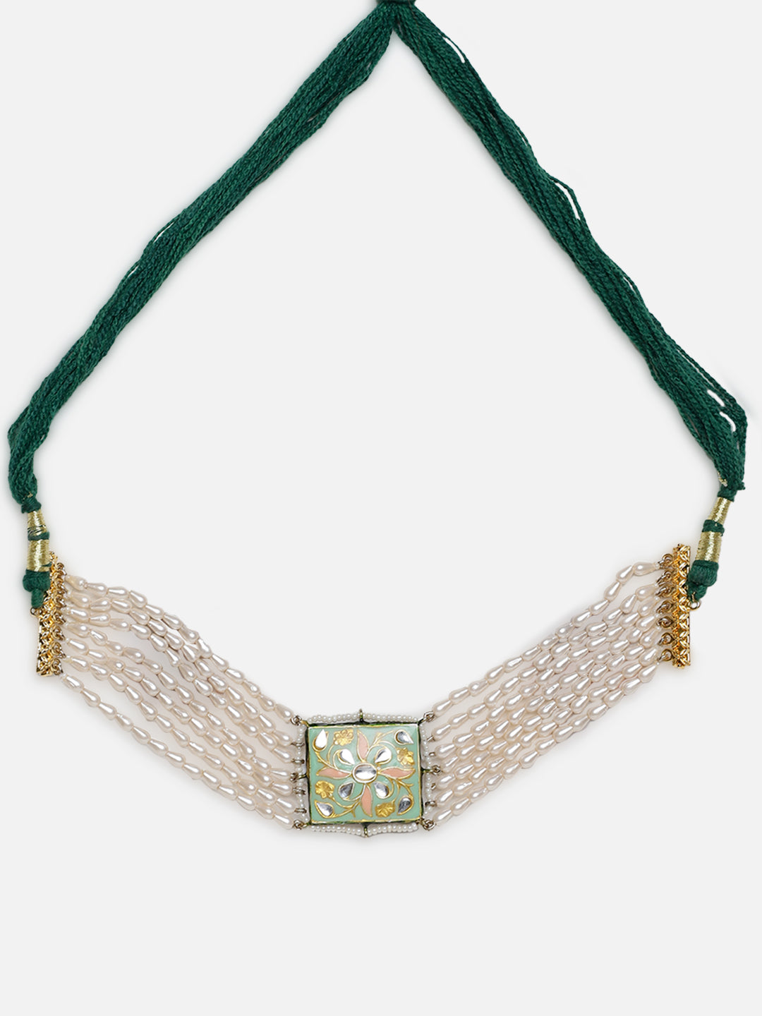 Green and Perach Meenakari Necklace with Pearls String and Adjustable Dori from Dugristyle Ruhaniyat By Dugran