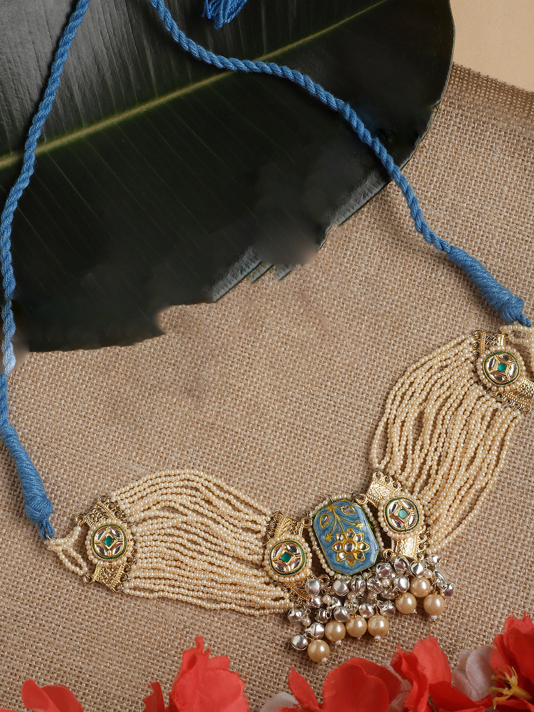 Blue and Cream Meenakari Necklace with Pearls String and Adjustable Dori and silver Ghungroo from Dugristyle Ruhaniyat By Dugran