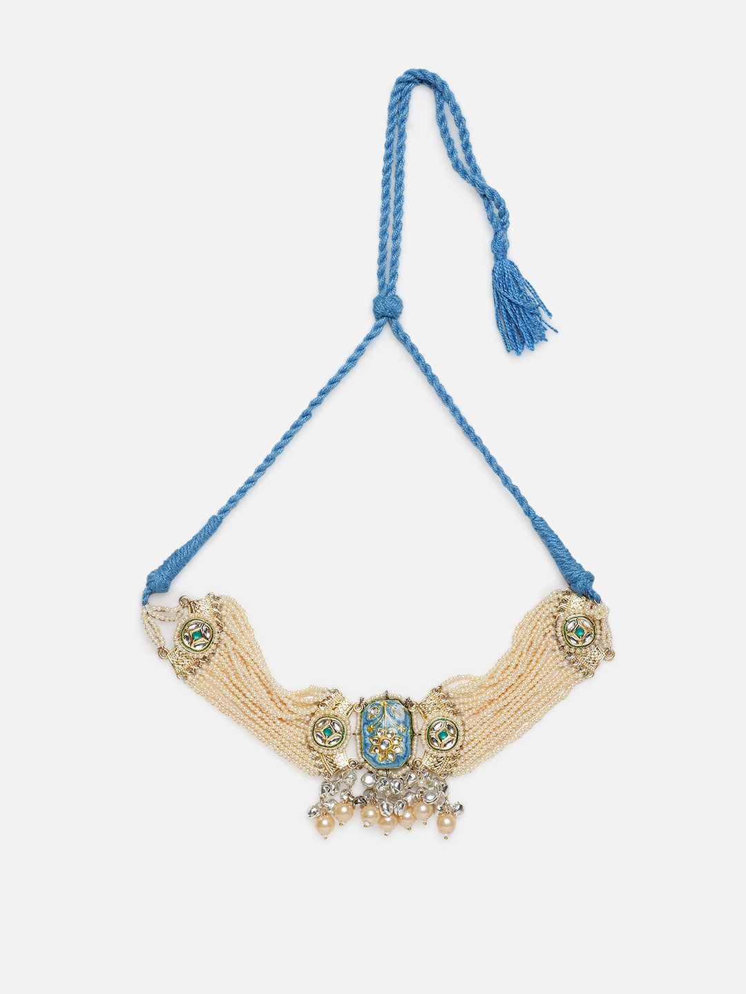Blue and Cream Meenakari Necklace with Pearls String and Adjustable Dori and silver Ghungroo from Dugristyle Ruhaniyat By Dugran