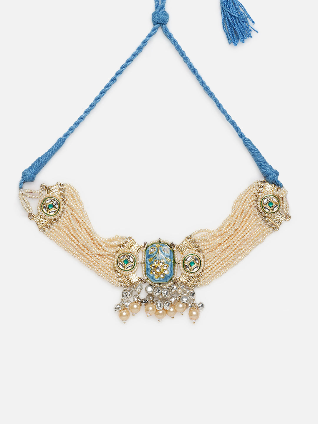 Blue and Cream Meenakari Necklace with Pearls String and Adjustable Dori and silver Ghungroo from Dugristyle Ruhaniyat By Dugran