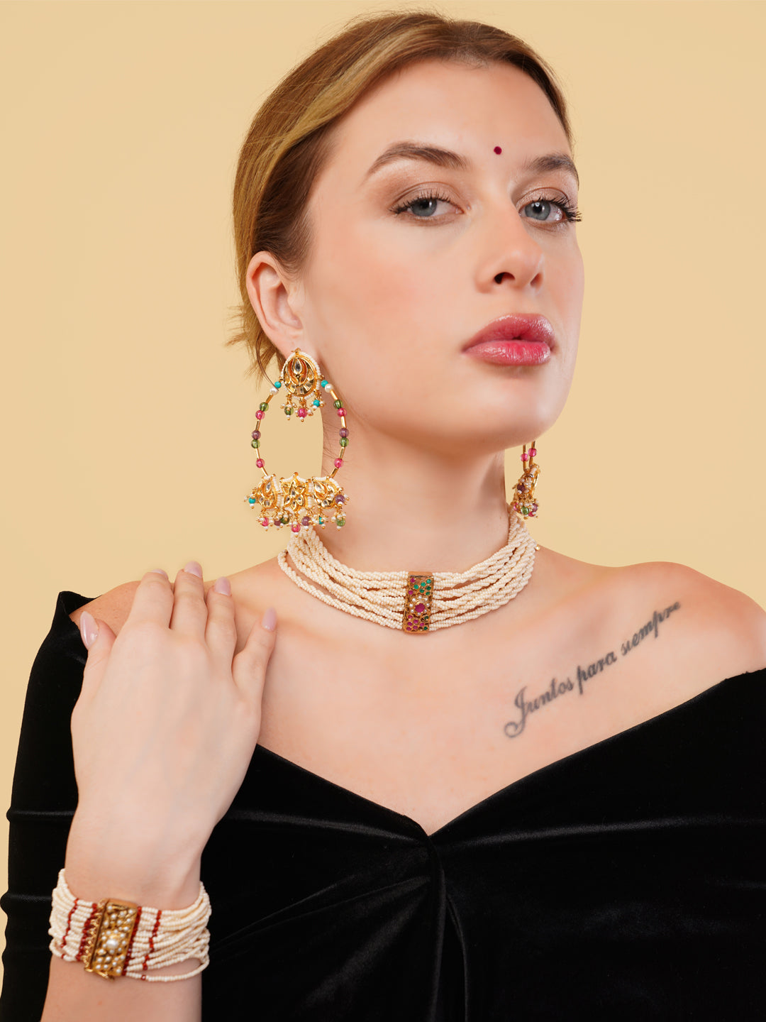 Jadau Choker with twisted pearls linesand adjustable handmade dori