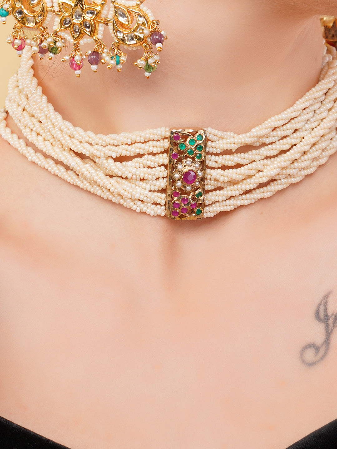 Red and Green Jadau Choker with twisted pearls linesand adjustable handmade dori from Dugristyle Ruhaniyat By Dugran