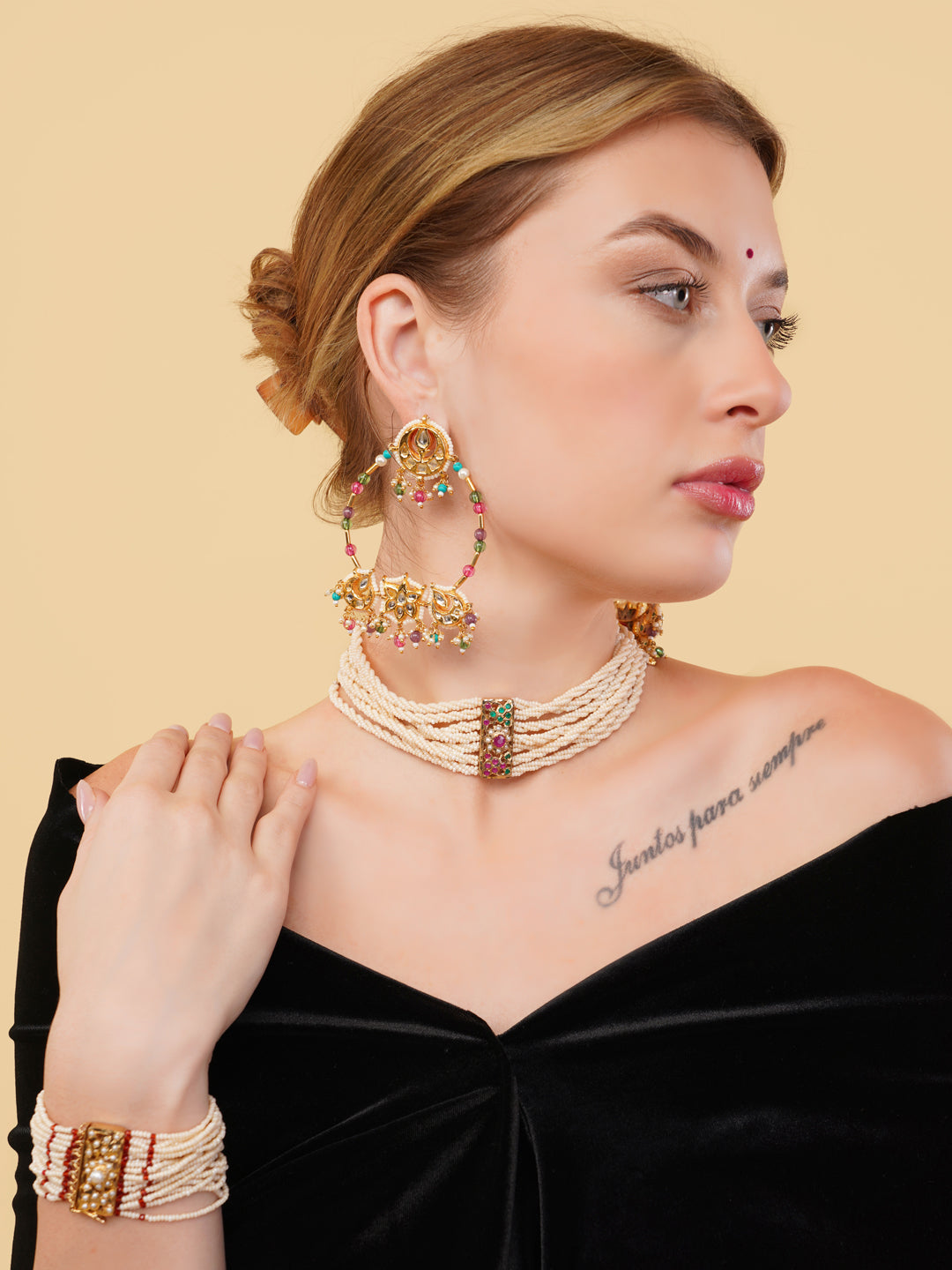 Jadau Choker with twisted pearls linesand adjustable handmade dori