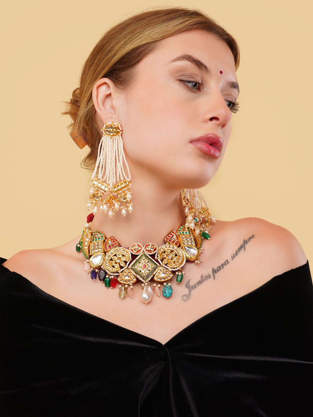 Red and Green kundan shaped Bird choker, with multishape tikras ans handmade dori from Dugristyle Ruhaniyat By Dugran