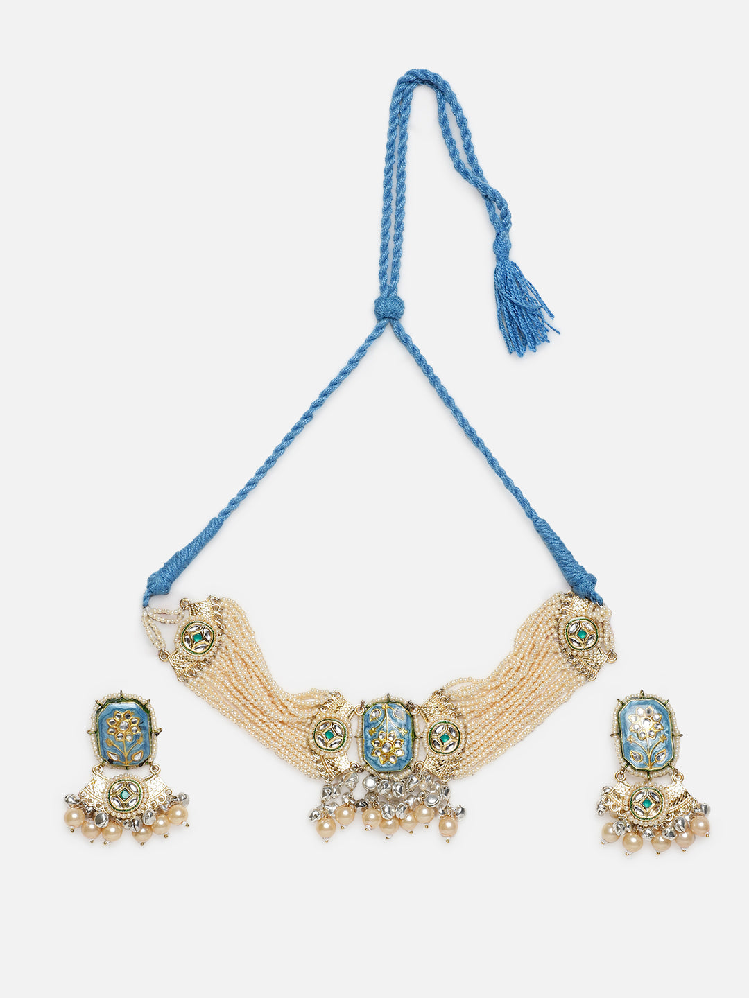 Blue and Cream Meenakari Jewellery Set with Pearls String and Adjustable Dori and silver Ghungroo from Dugristyle Ruhaniyat By Dugran
