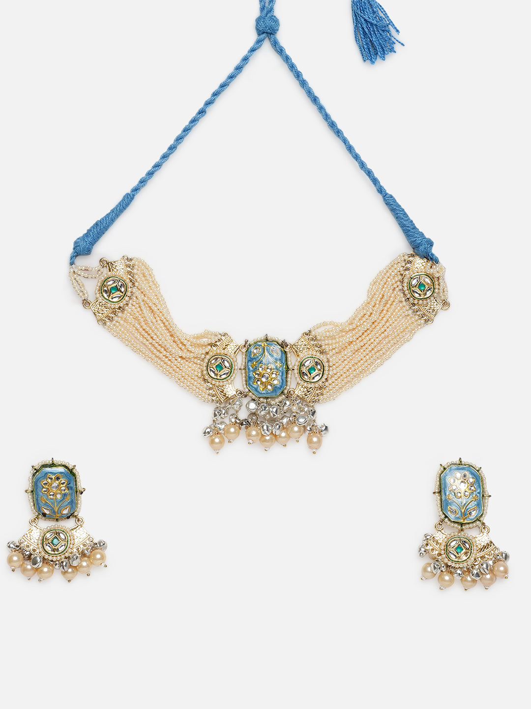 Blue and Cream Meenakari Jewellery Set with Pearls String and Adjustable Dori and silver Ghungroo from Dugristyle Ruhaniyat By Dugran