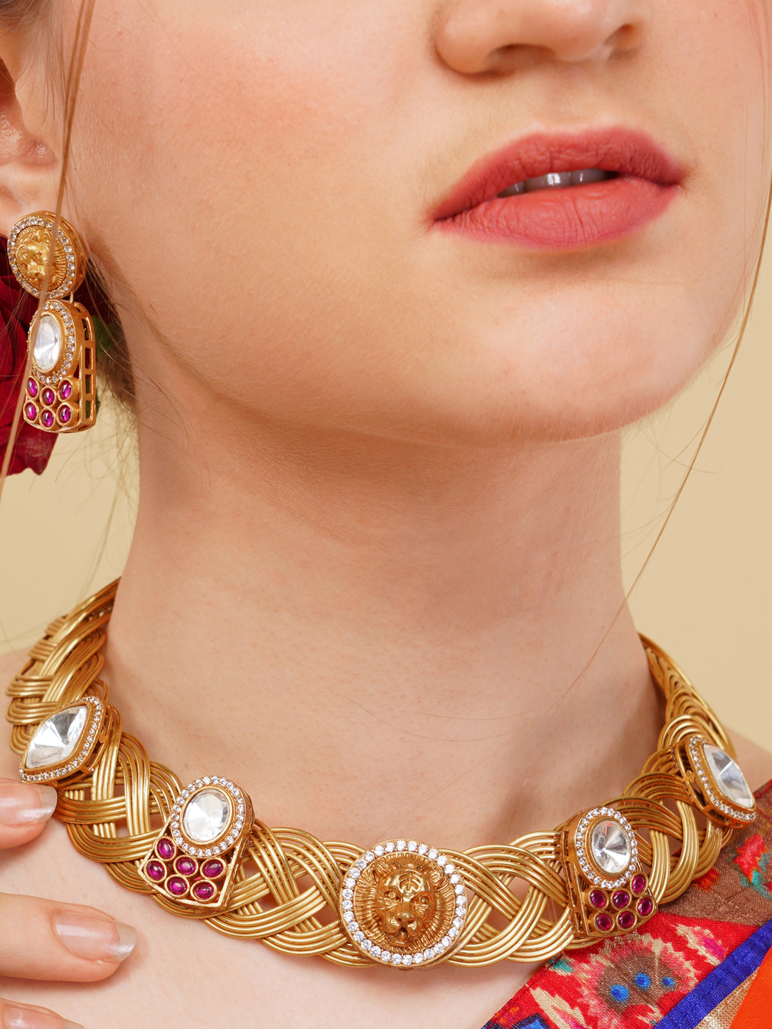 Maroon and Gold Tiger shape inspired choker with earrings having moissanite stones from Dugristyle Ruhaniyat By Dugran