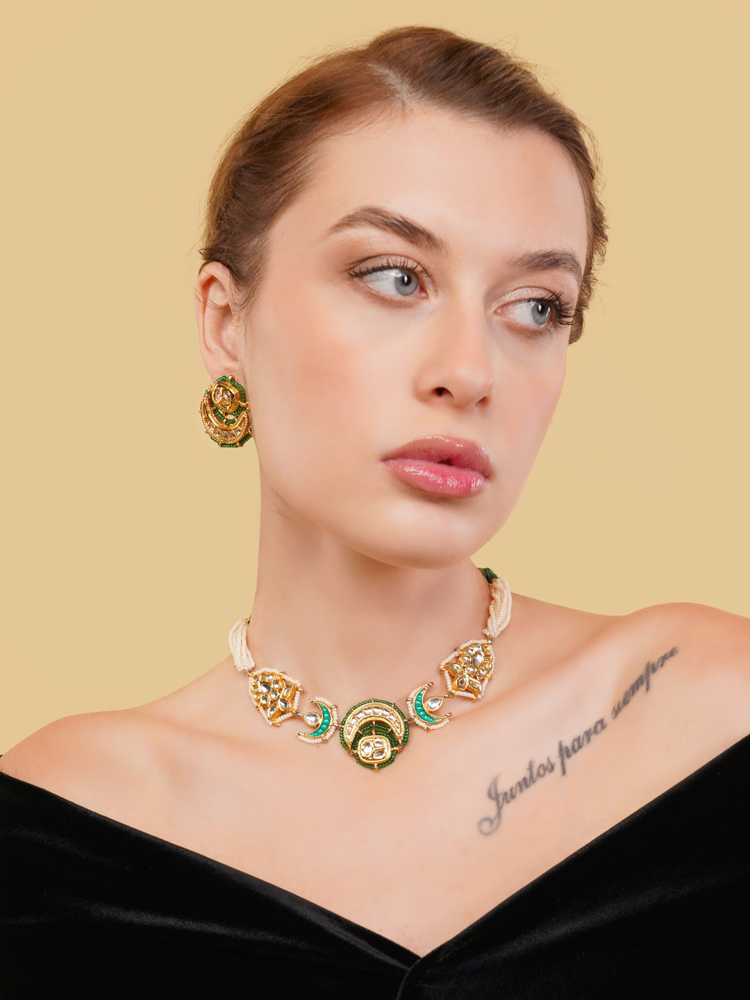 Green and Gold Kundan with Multi Shaped tikras Jewellery Set with adjustable dori from Dugristyle Ruhaniyat By Dugran
