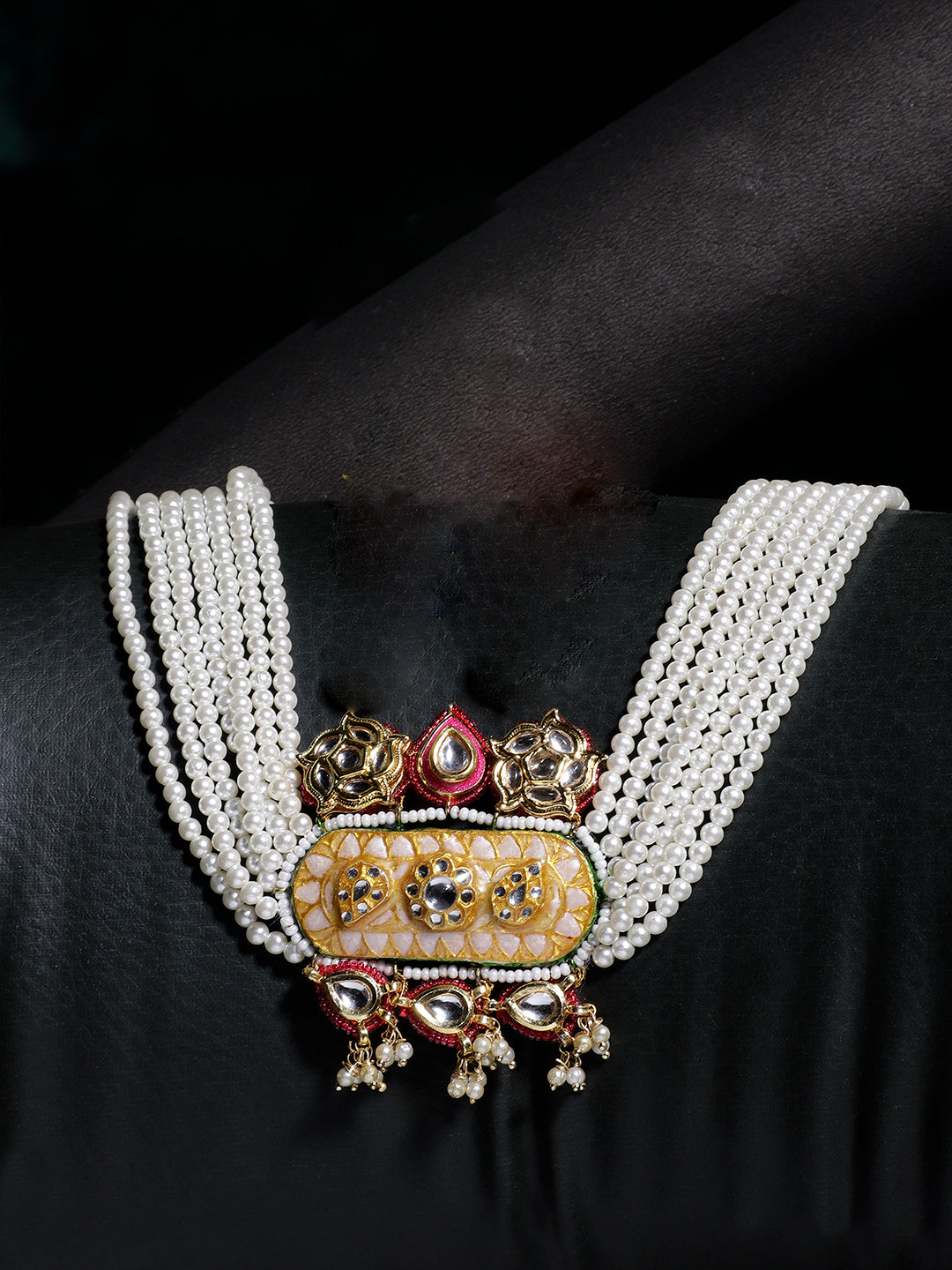 Peach and Pink Meenakari Necklace with Adjustable Dori and Multi Color Pearl Hangings from Dugristyle Ruhaniyat By Dugran