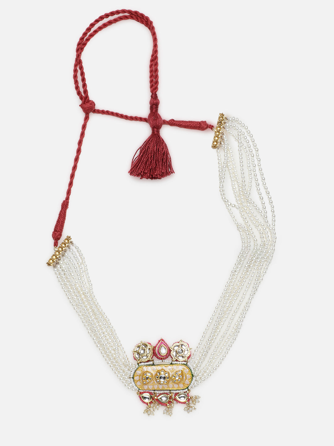 Peach and Pink Meenakari Necklace with Adjustable Dori and Multi Color Pearl Hangings from Dugristyle Ruhaniyat By Dugran