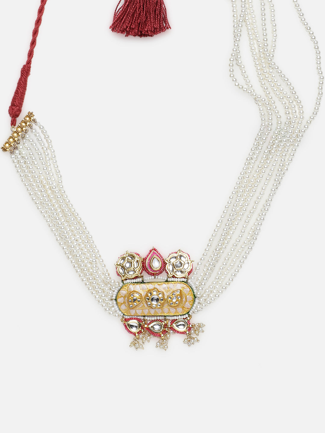 Peach and Pink Meenakari Necklace with Adjustable Dori and Multi Color Pearl Hangings from Dugristyle Ruhaniyat By Dugran