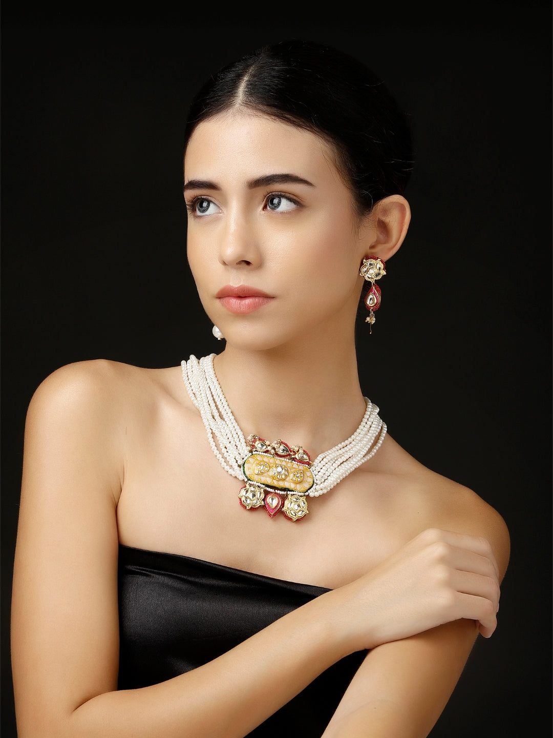 Peach and Pink Meenakari Necklace with Adjustable Dori and Multi Color Pearl Hangings from Dugristyle Ruhaniyat By Dugran