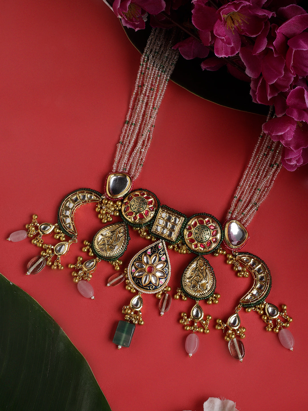 Green and Gold Multi shaped Kundan Necklace with meenakari touch and colorful hangings from Dugristyle Ruhaniyat By Dugran