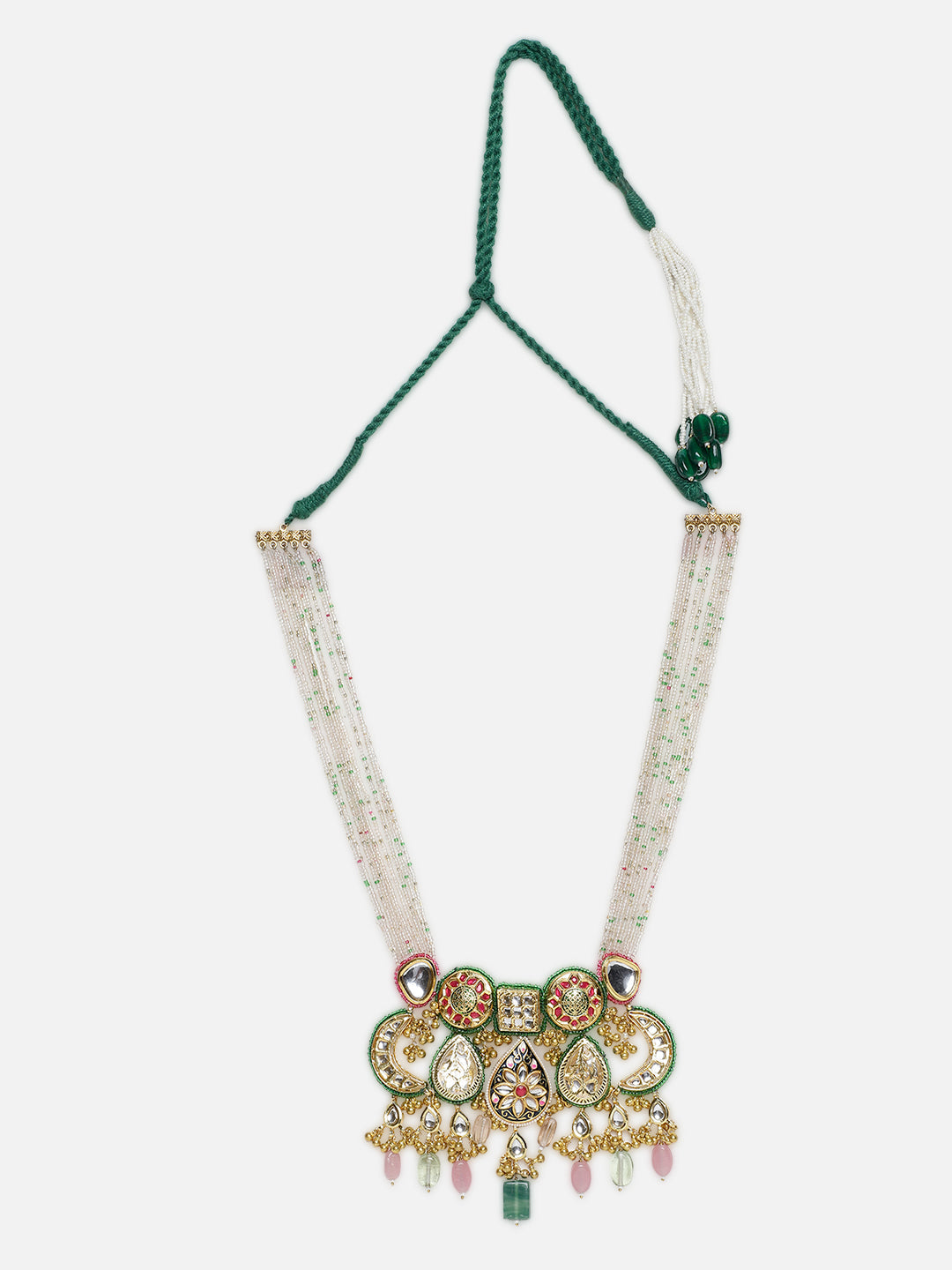 Green and Gold Multi shaped Kundan Necklace with meenakari touch and colorful hangings from Dugristyle Ruhaniyat By Dugran