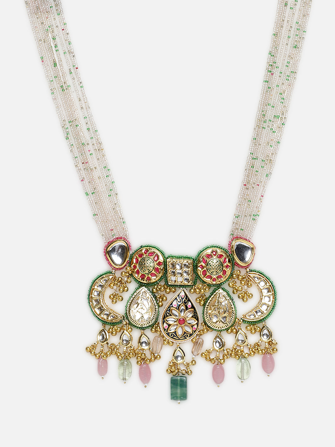 Green and Gold Multi shaped Kundan Necklace with meenakari touch and colorful hangings from Dugristyle Ruhaniyat By Dugran