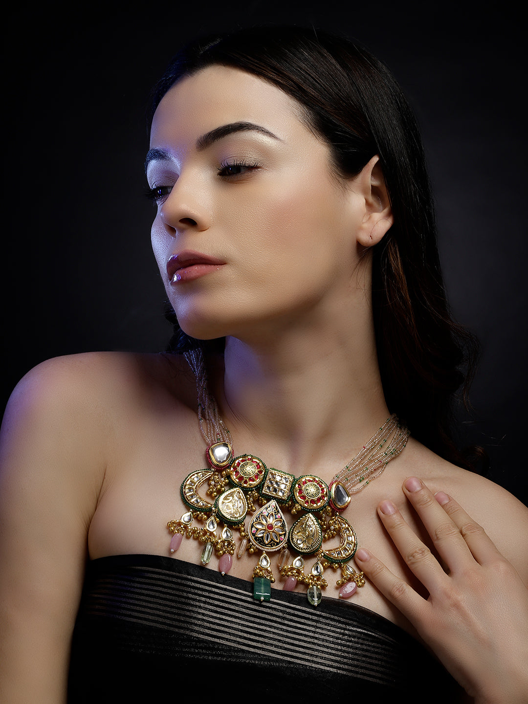 Green and Gold Multi shaped Kundan Necklace with meenakari touch and colorful hangings from Dugristyle Ruhaniyat By Dugran