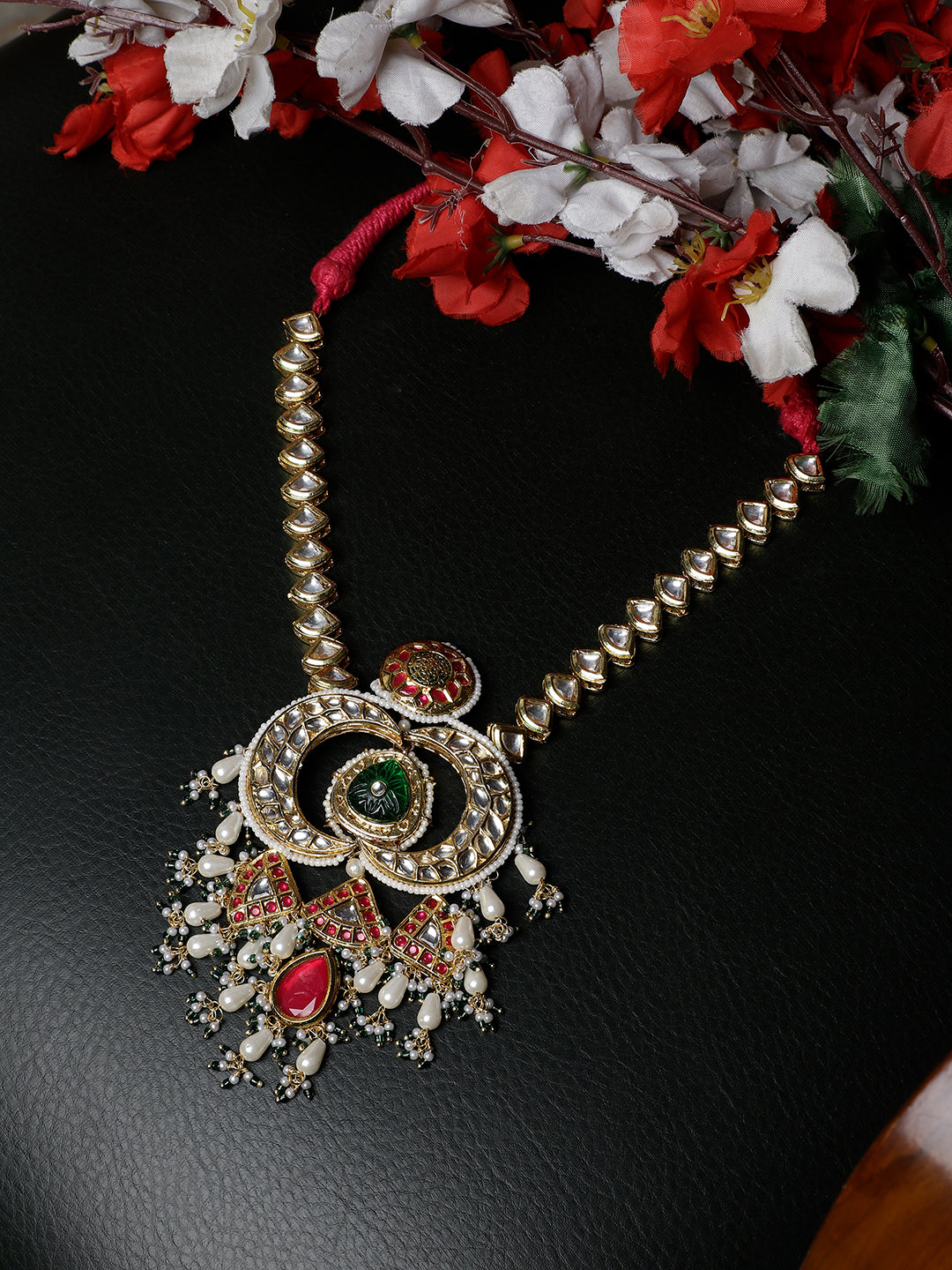 Red and Green Multi shaped Kundan Necklace with Green Carved Stone and small Pearl hangings from Dugristyle Ruhaniyat By Dugran