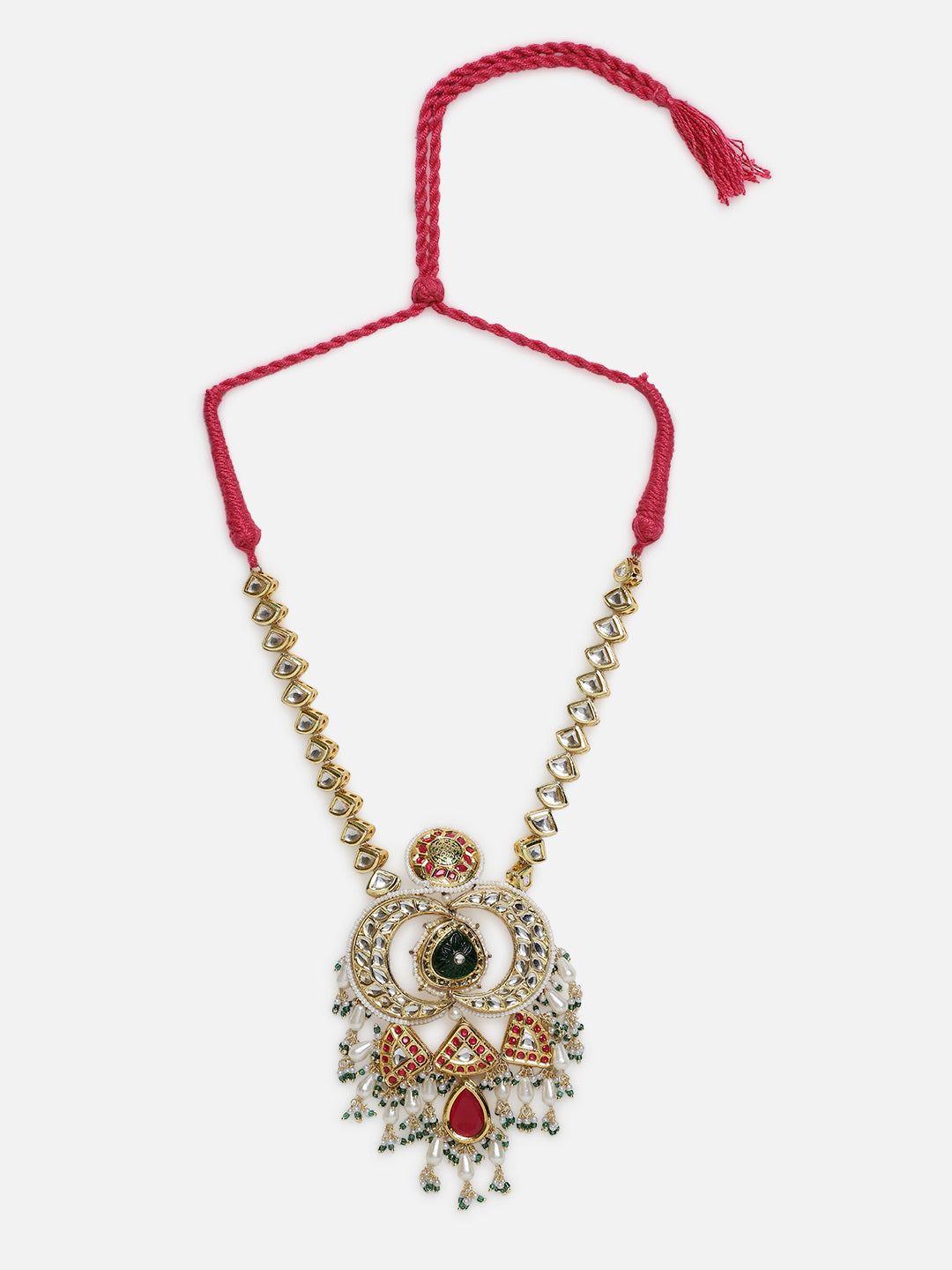 Red and Green Multi shaped Kundan Necklace with Green Carved Stone and small Pearl hangings from Dugristyle Ruhaniyat By Dugran