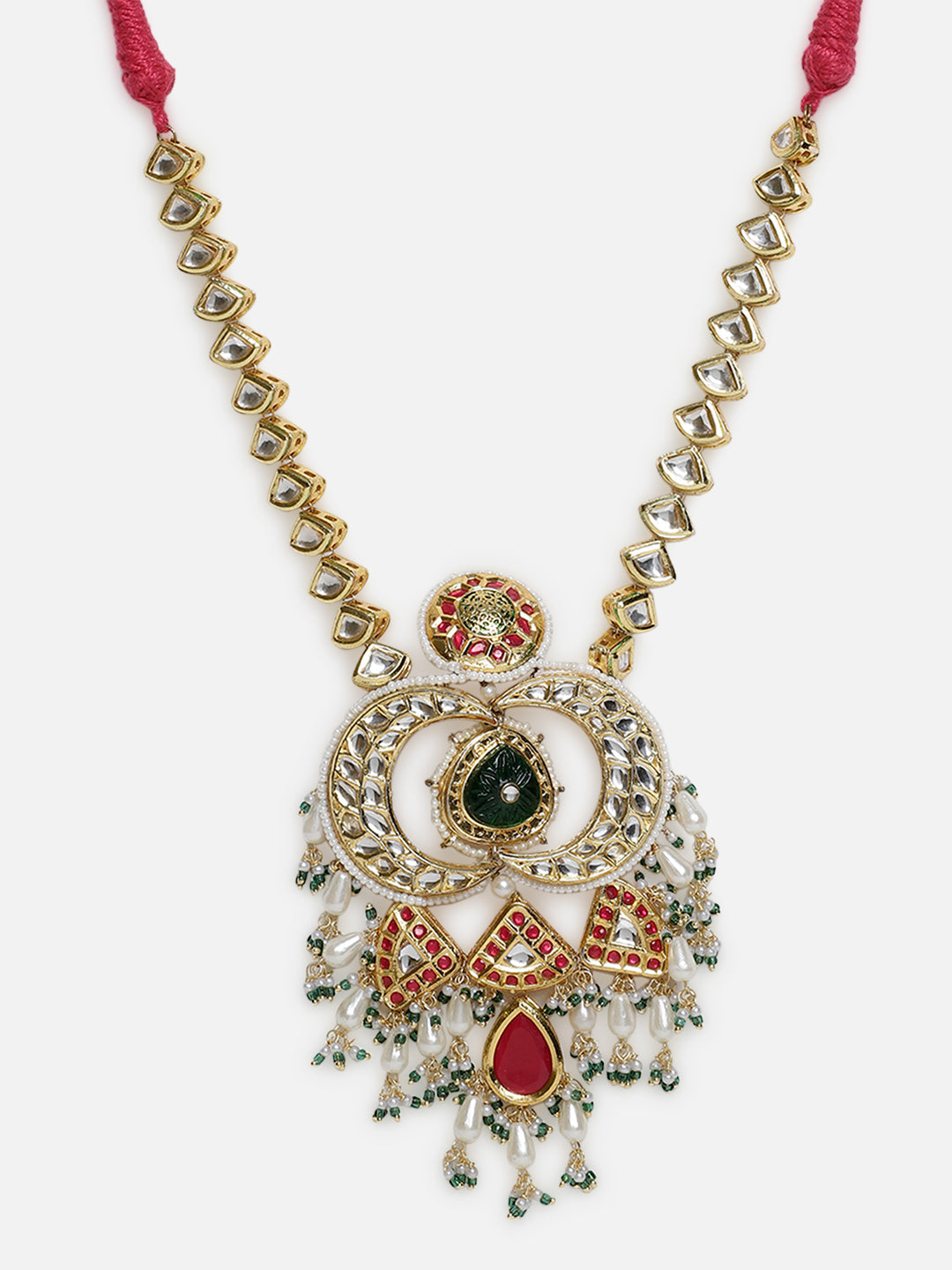 Red and Green Multi shaped Kundan Necklace with Green Carved Stone and small Pearl hangings from Dugristyle Ruhaniyat By Dugran