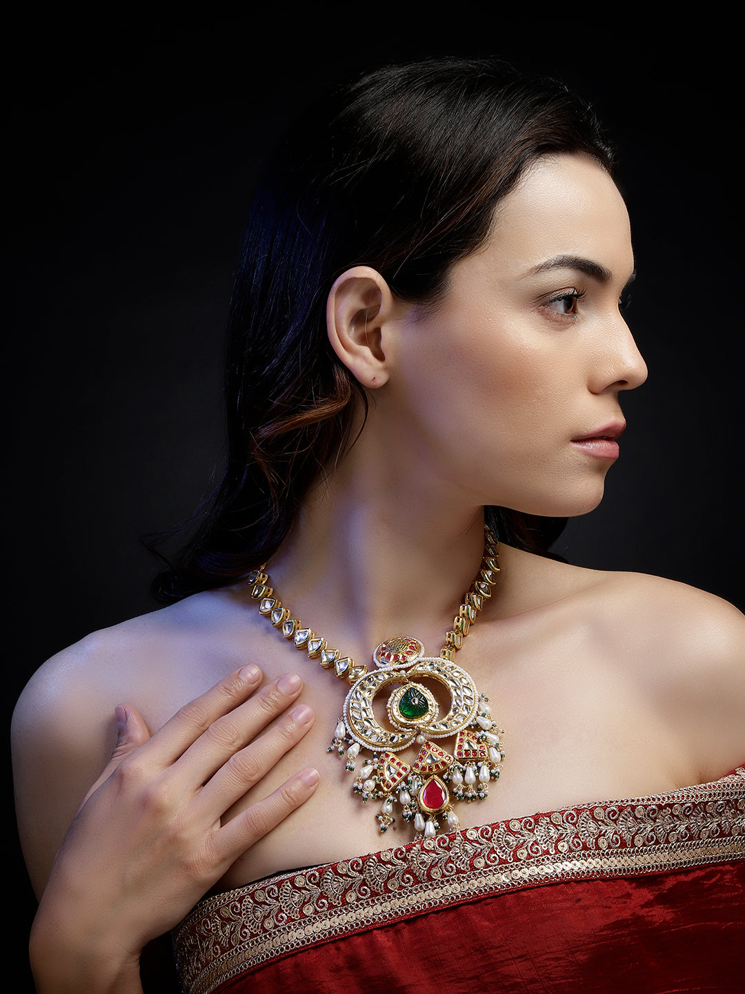 Red and Green Multi shaped Kundan Necklace with Green Carved Stone and small Pearl hangings from Dugristyle Ruhaniyat By Dugran