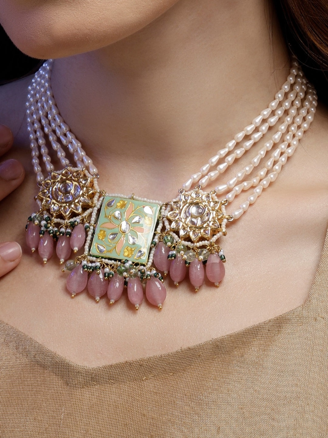 Meenakari Necklace with Pearls String and Adjustable Dori and Circle Shaped Kundan