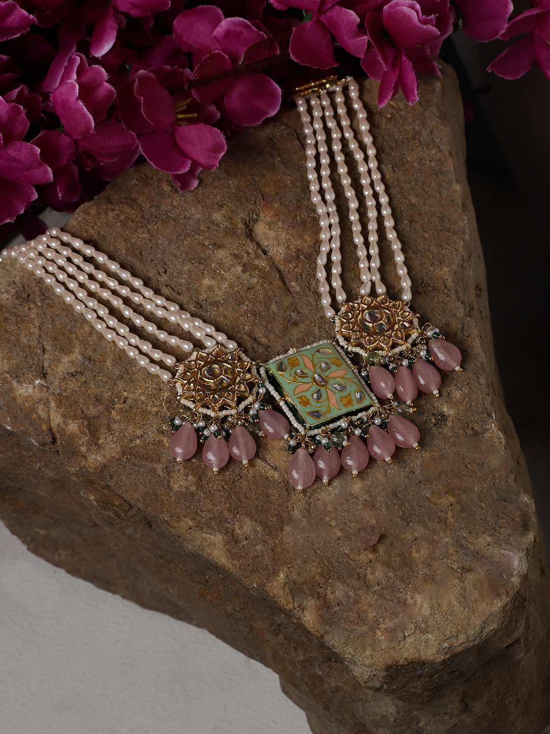 Green and Red Meenakari Necklace with Pearls String and Adjustable Dori and Circle Shaped Kundan from Dugristyle Ruhaniyat By Dugran