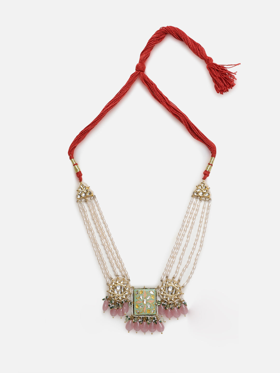 Green and Red Meenakari Necklace with Pearls String and Adjustable Dori and Circle Shaped Kundan from Dugristyle Ruhaniyat By Dugran