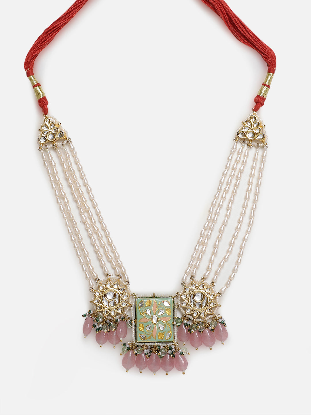 Green and Red Meenakari Necklace with Pearls String and Adjustable Dori and Circle Shaped Kundan from Dugristyle Ruhaniyat By Dugran