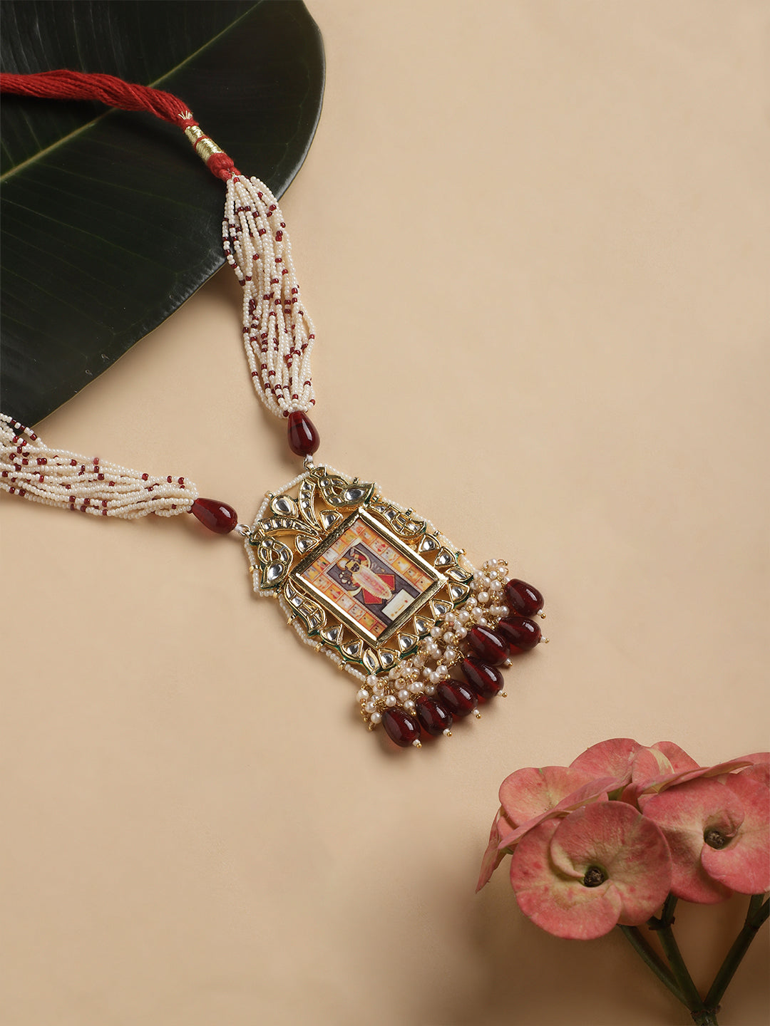 Red and Gold Temple Jewellery Haar Necklace with Pearl Strings and Adjustable Dori from Dugristyle Ruhaniyat By Dugran