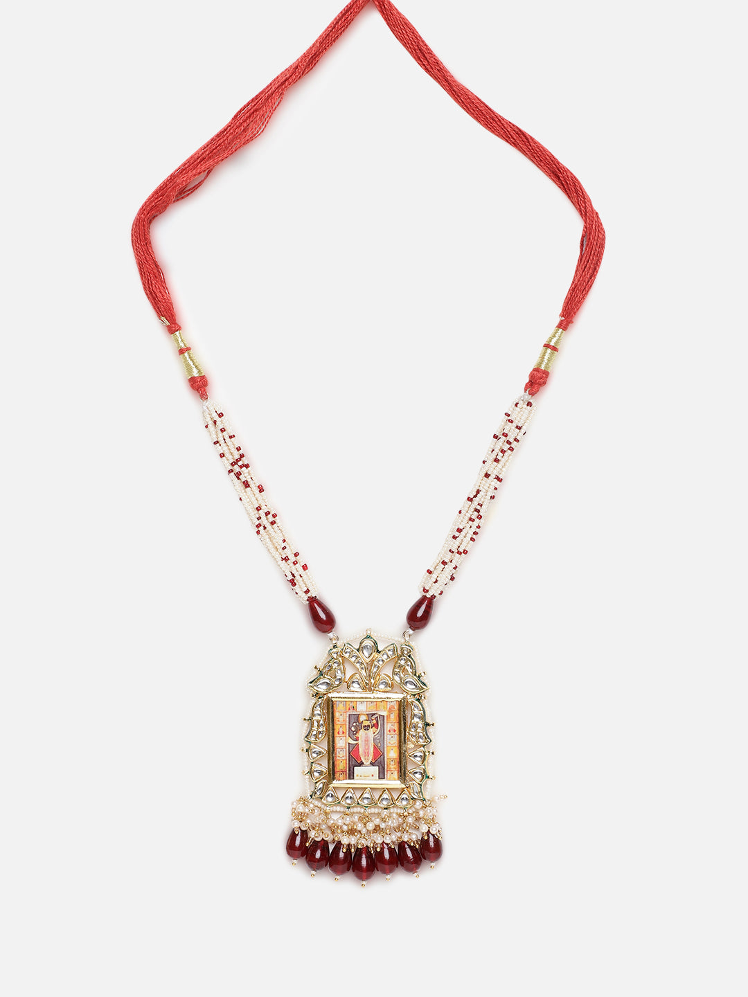 Red and Gold Temple Jewellery Haar Necklace with Pearl Strings and Adjustable Dori from Dugristyle Ruhaniyat By Dugran