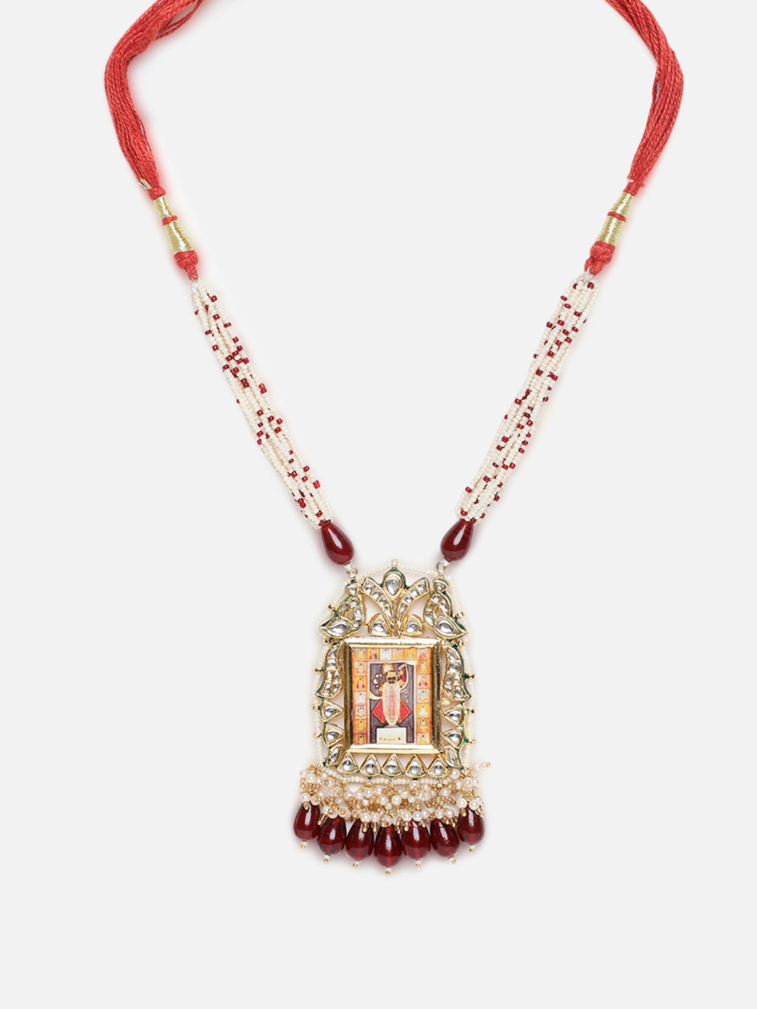 Red and Gold Temple Jewellery Haar Necklace with Pearl Strings and Adjustable Dori from Dugristyle Ruhaniyat By Dugran