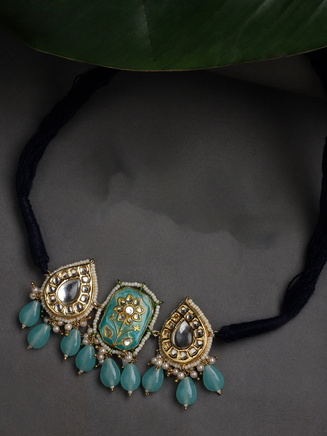 Blue and Gold Meenakari Necklace with Adjustable Dori and Drop Shaped Kundan from Dugristyle Ruhaniyat By Dugran