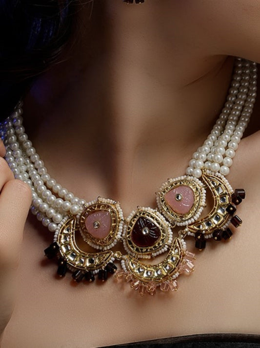 Pink and Maroon Kundan Necklace with Pearls Strings and Carved Stones from Dugristyle Ruhaniyat By Dugran