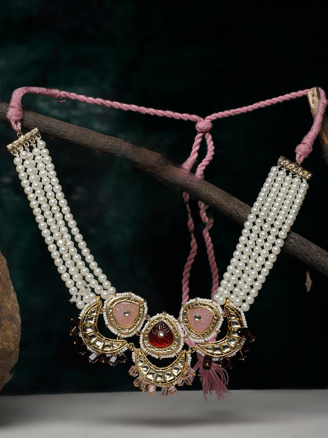 Pink and Maroon Kundan Necklace with Pearls Strings and Carved Stones from Dugristyle Ruhaniyat By Dugran