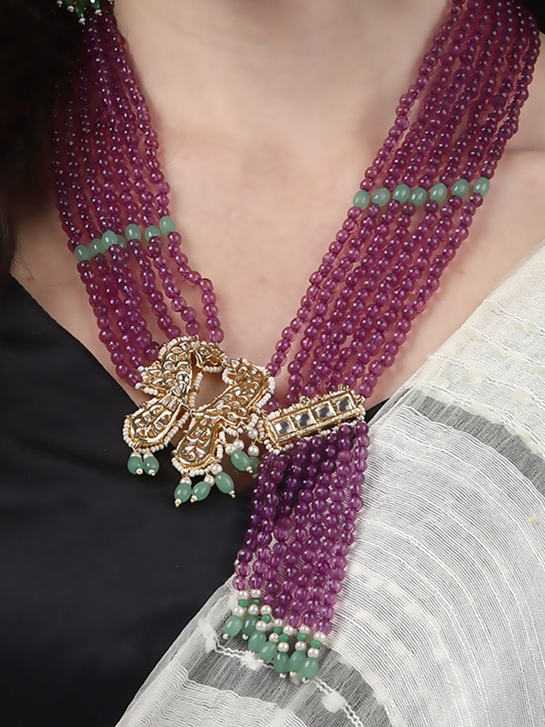 Purple and Green Peacock Bird shaped Kundan Necklace with Pearls Strings from Dugristyle Ruhaniyat By Dugran