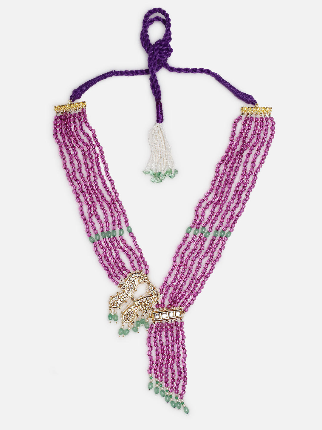 Purple and Green Peacock Bird shaped Kundan Necklace with Pearls Strings from Dugristyle Ruhaniyat By Dugran