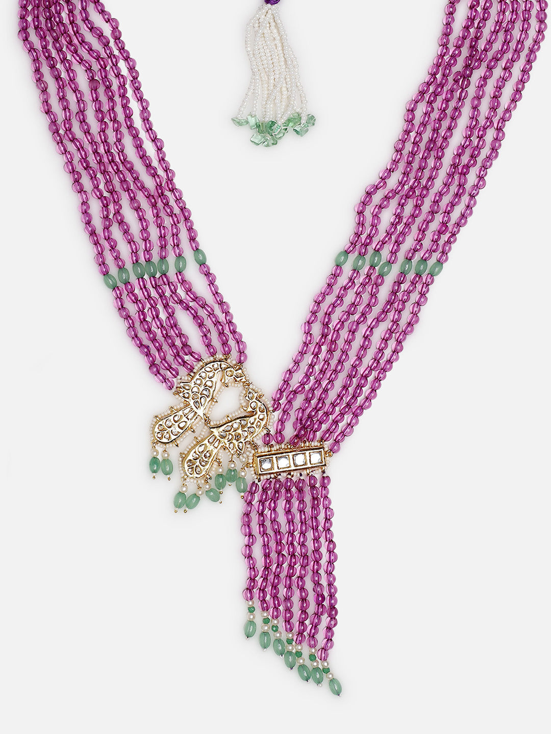 Purple and Green Peacock Bird shaped Kundan Necklace with Pearls Strings from Dugristyle Ruhaniyat By Dugran