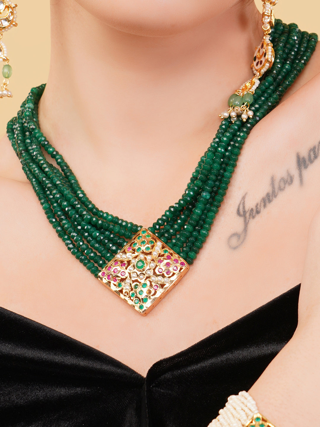 Green and Red Jadau Necklace with open box clasp closure and stone lines from Dugristyle Ruhaniyat By Dugran