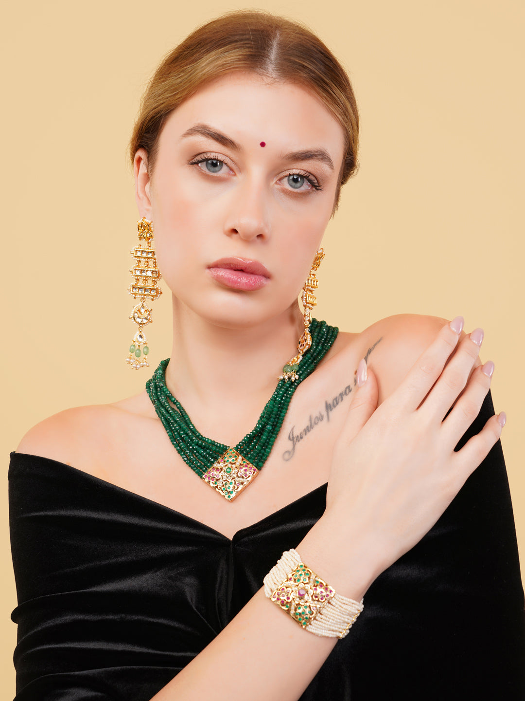 Green and Red Jadau Necklace with open box clasp closure and stone lines from Dugristyle Ruhaniyat By Dugran