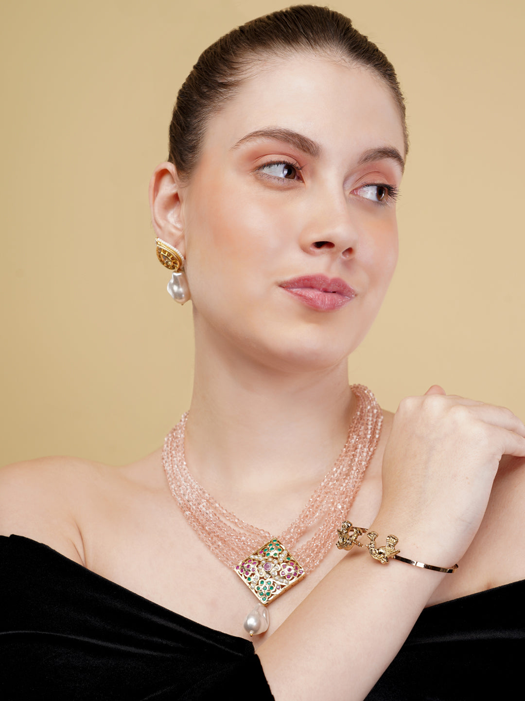 Pink and Red Jadau Necklace with open box clasp closure and stone lines from Dugristyle Ruhaniyat By Dugran