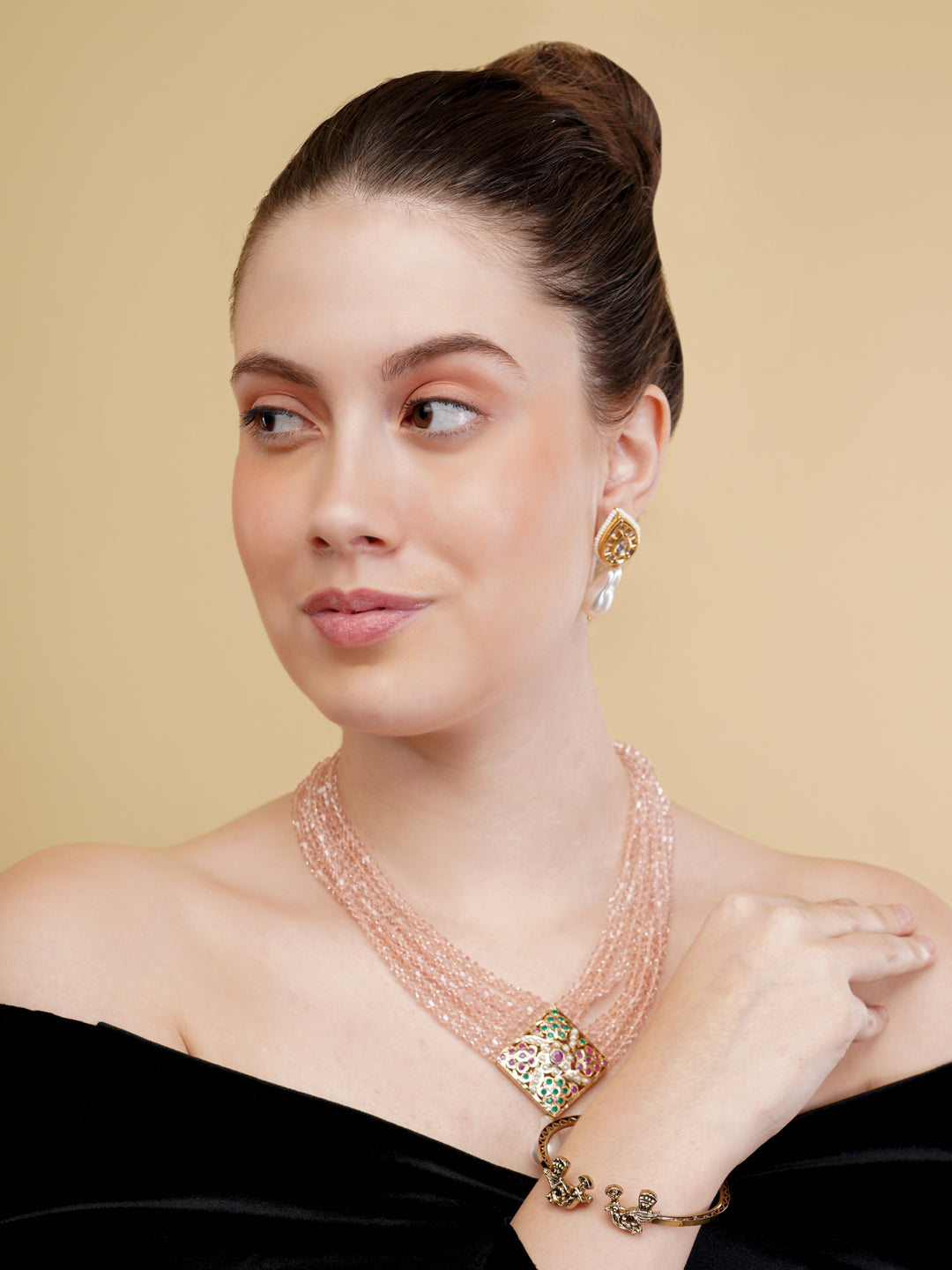 Pink and Red Jadau Necklace with open box clasp closure and stone lines from Dugristyle Ruhaniyat By Dugran