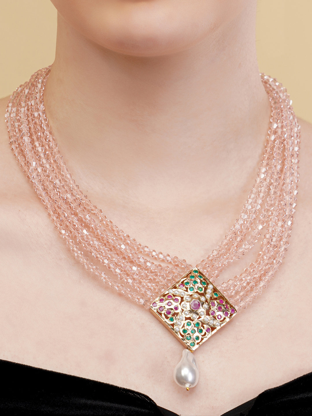 Pink and Red Jadau Necklace with open box clasp closure and stone lines from Dugristyle Ruhaniyat By Dugran