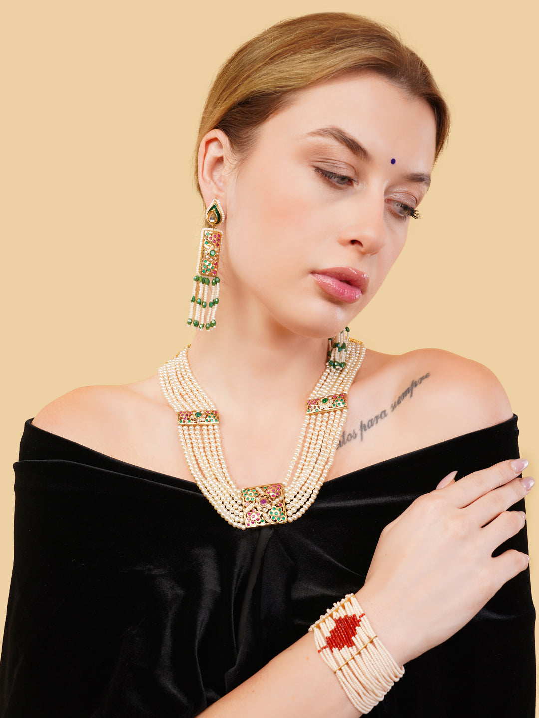 Green and Red Jadau Necklace with pearls lines and handmade adjustable dori from Dugristyle Ruhaniyat By Dugran
