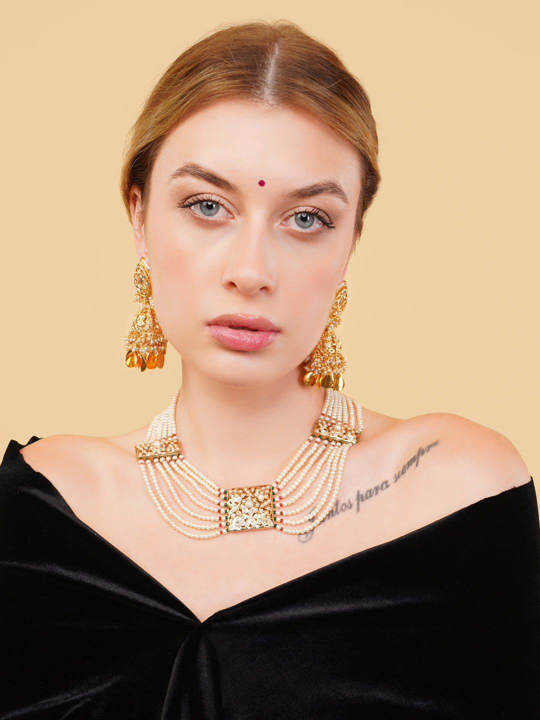 Green and Red Jadau Necklace with pearls lines and handmade adjustable dori from Dugristyle Ruhaniyat By Dugran