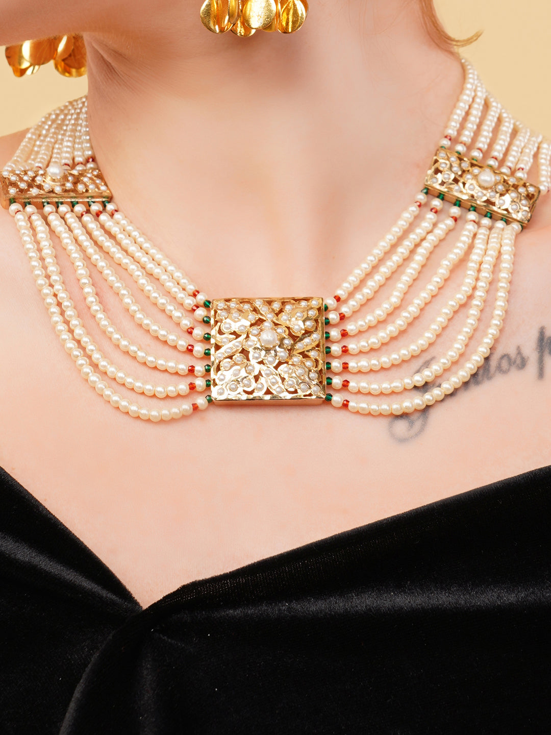Green and Red Jadau Necklace with pearls lines and handmade adjustable dori from Dugristyle Ruhaniyat By Dugran