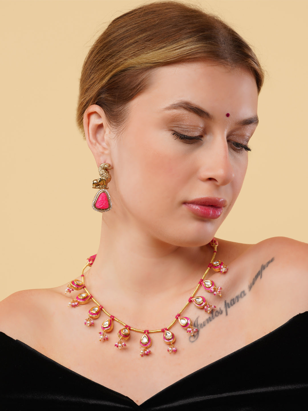 Red and Gold Meeenakari amalgamation with kundan tikra with handmade dori from Dugristyle Ruhaniyat By Dugran