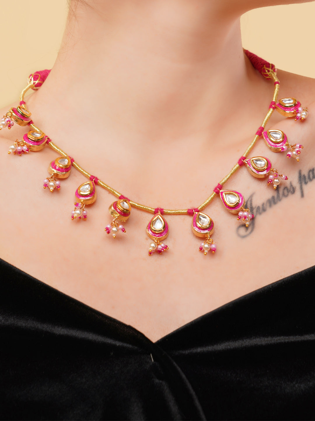 Red and Gold Meeenakari amalgamation with kundan tikra with handmade dori from Dugristyle Ruhaniyat By Dugran