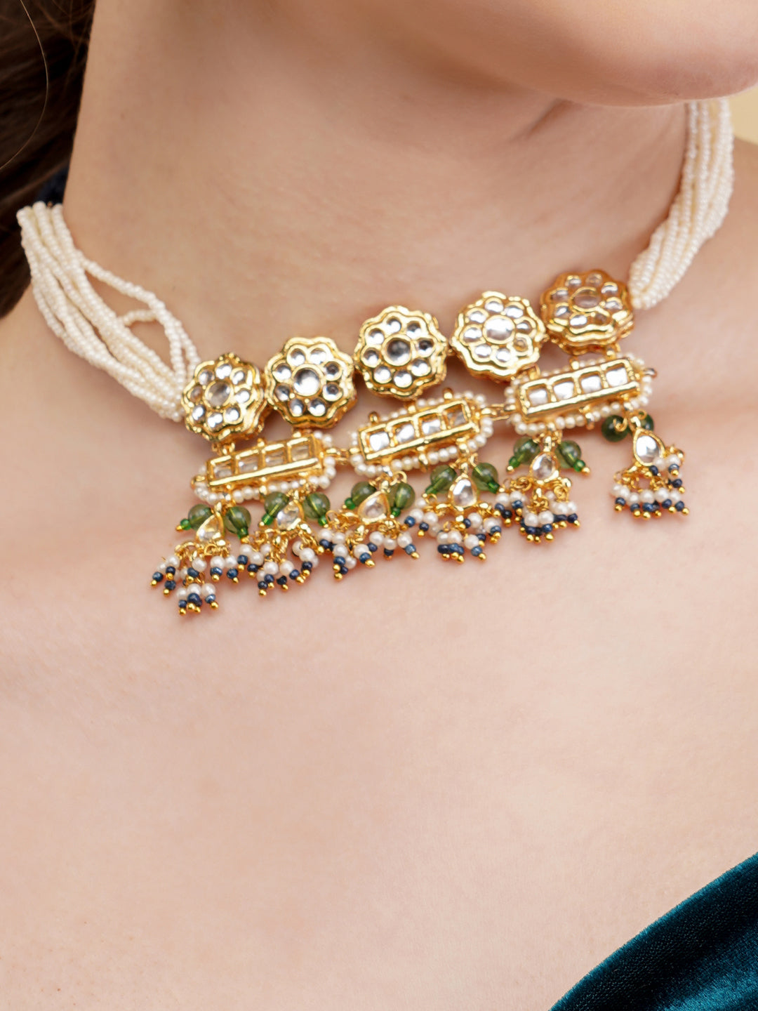 Green and Blue Kundan necklace with pearls lines comlimeted with handmade dori from Dugristyle Ruhaniyat By Dugran