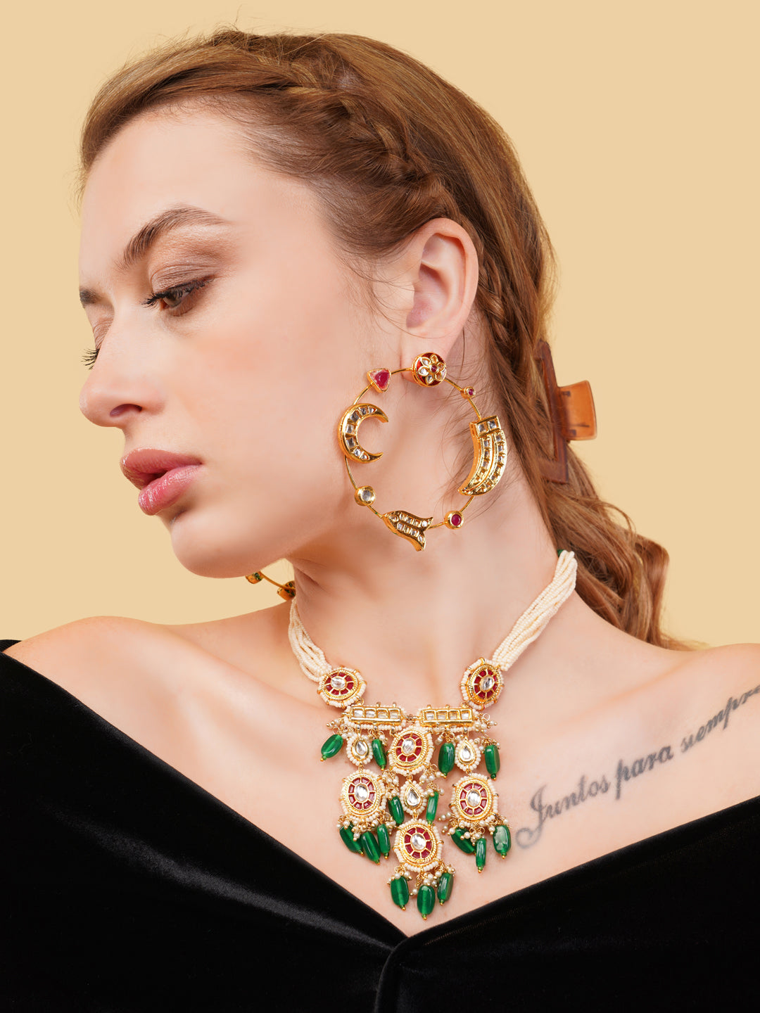 Red and Gold Kundan Necklace with Faux Ruby stones touch and pearls strings used with handmade dori from Dugristyle Ruhaniyat By Dugran