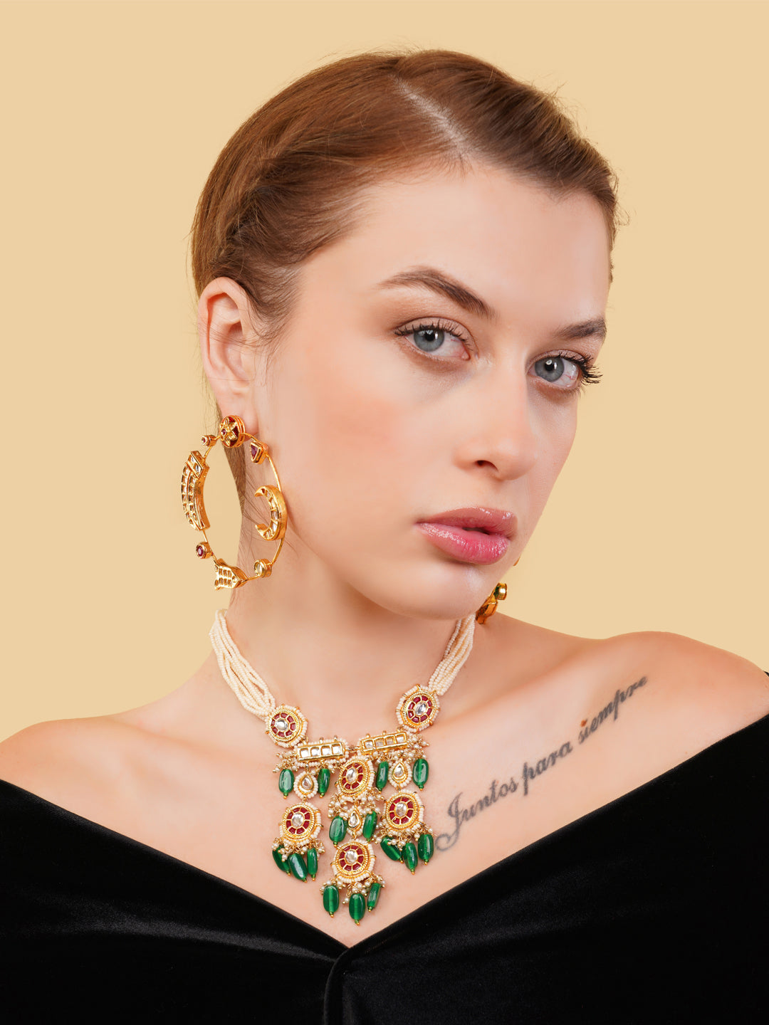 Kundan Necklace with Faux Ruby stones touch and pearls strings used with handmade dori